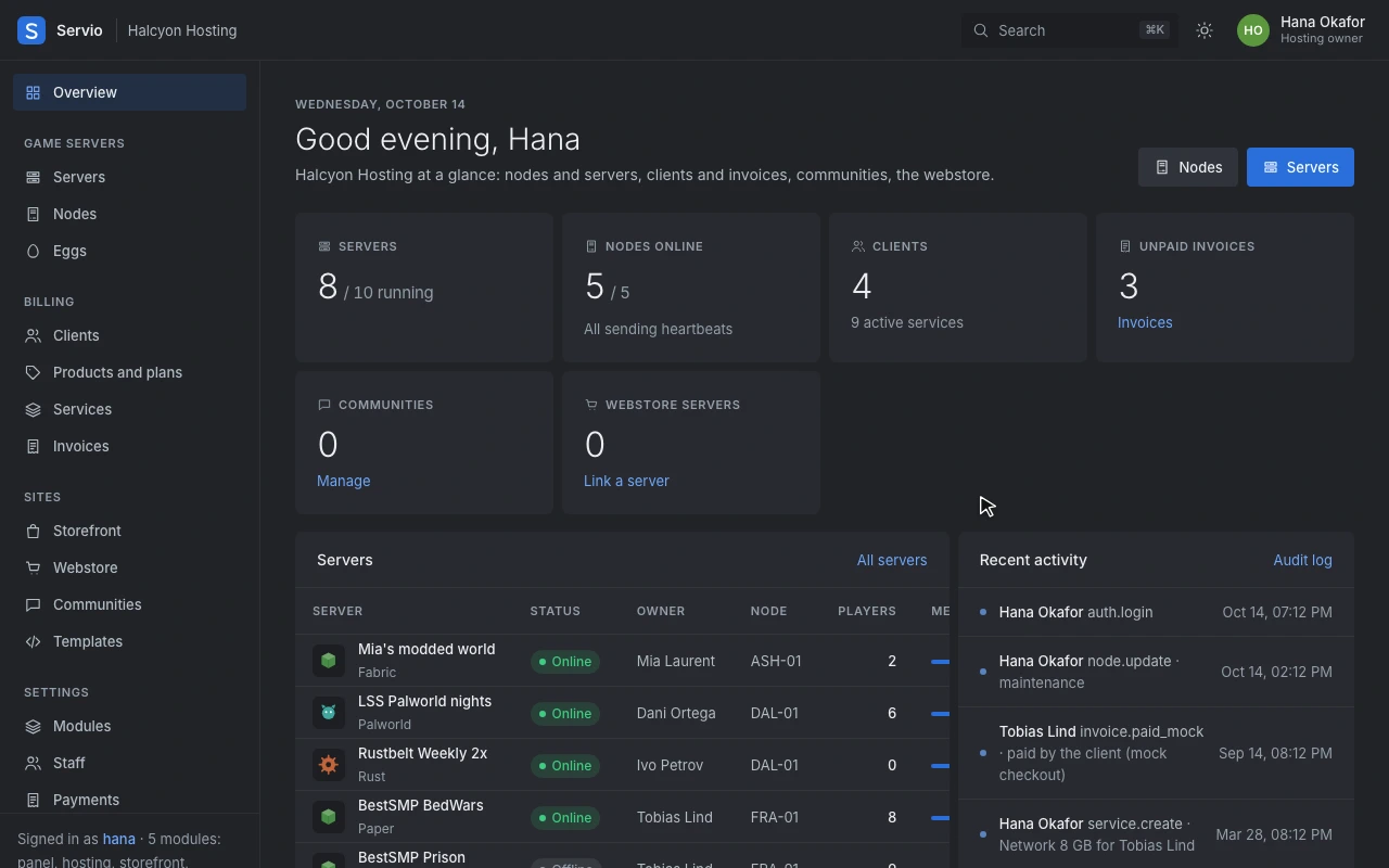 Servio: Recorded in the Servio live demo, which runs in your browser on made-up data.